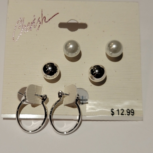 Cherish Silver Stud,Pearl and Mini Hoop Set Earrings - Picture 5 of 6